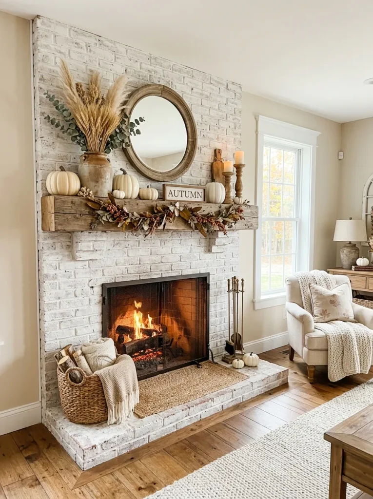 Whitewashed Fireplace Styling